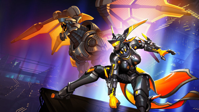 Robots stage city skyline glowing free wallpaper - medium preview image