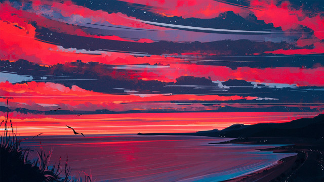Sunset red sky clouds bird free wallpaper - medium preview image