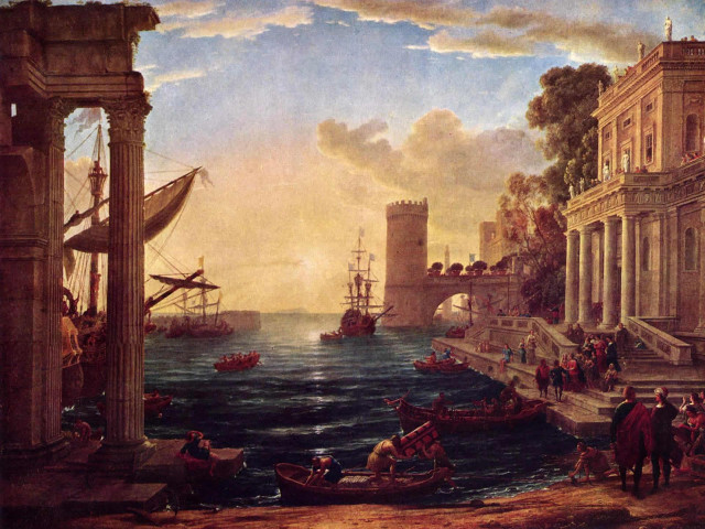 Harbor ship dock people painting free wallpaper - medium preview image