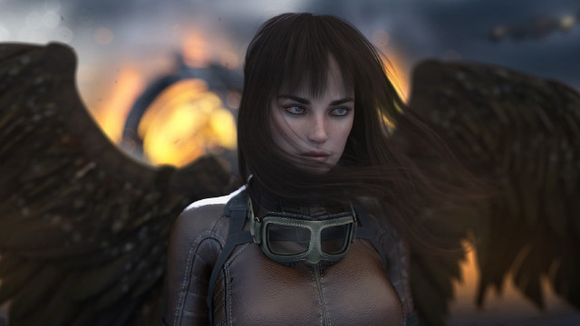 Woman wings leather jacket cyberpunk free wallpaper - medium preview image