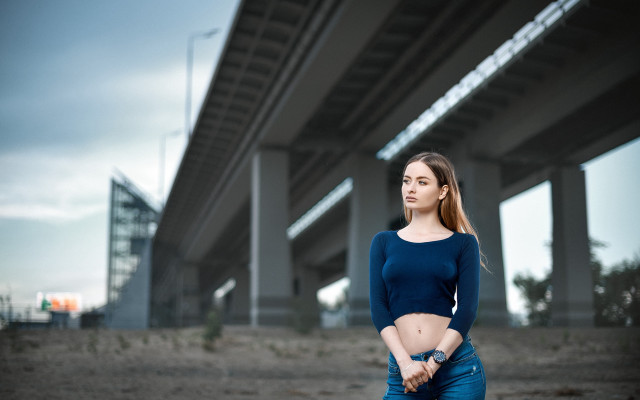Woman bridge outdoors denim tiltshift free wallpaper - medium preview image