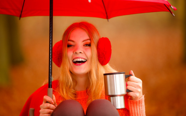 Red haired woman coffee umbrella free wallpaper - medium preview image