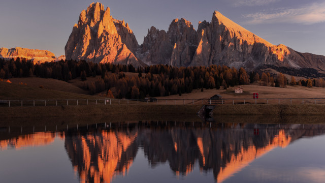 Mountain lake fence house cinematic free wallpaper - medium preview image