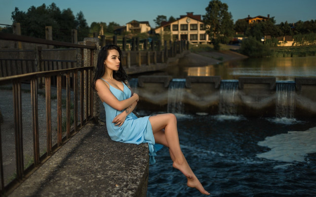 Blue dress woman river bridge free wallpaper - medium preview image