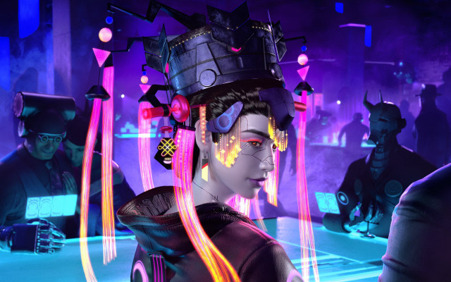 Woman neon hair retrofuturism cyberpunk free wallpaper - medium preview image