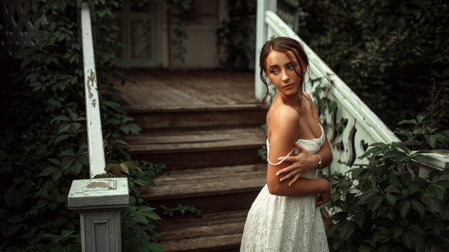 Woman white dress stairs ivy free wallpaper - medium preview image