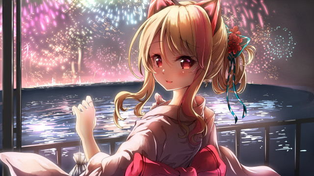Girl fireworks kimono anime blush free wallpaper - medium preview image