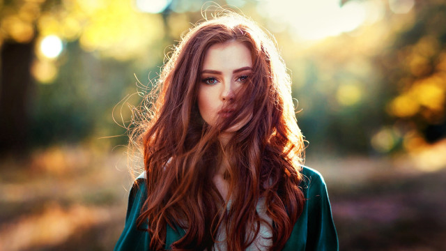 Redhair forest portrait sunset blurry free wallpaper - medium preview image