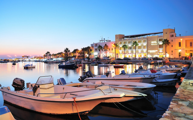 Marina boats dusk palm trees free wallpaper - medium preview image