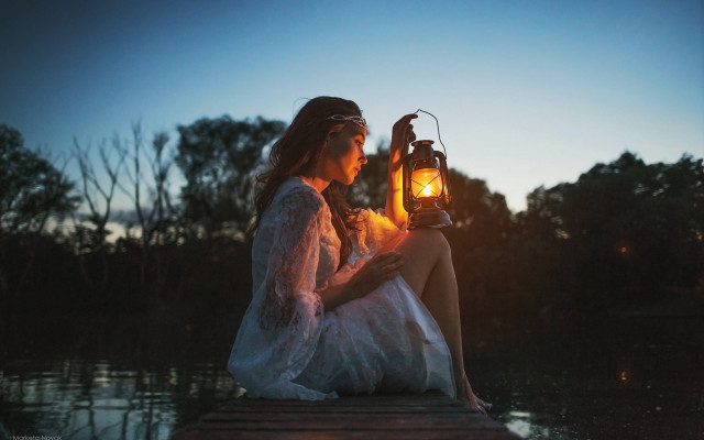 Woman dock lantern night fireworks free wallpaper for desktop - medium preview image