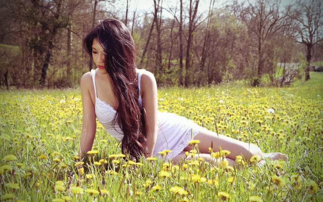 Flower field woman long hair free wallpaper - medium preview image