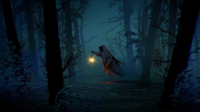 Ghostly figure lantern dark forest free wallpaper - medium preview image