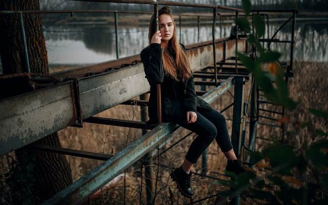 Woman tree water portrait denim free wallpaper - medium preview image