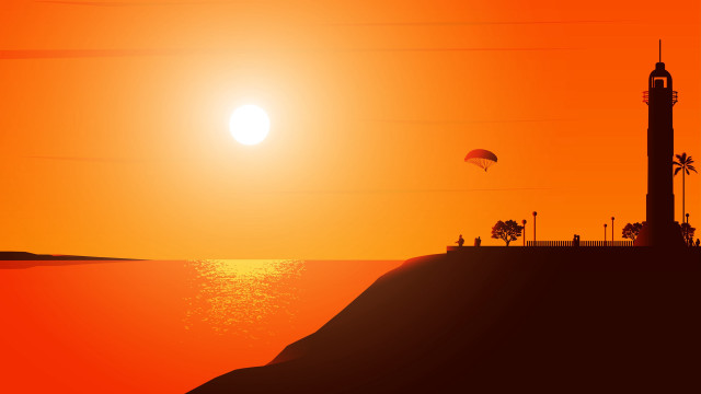 Kite flying sunset ocean lighthouse free wallpaper - medium preview image