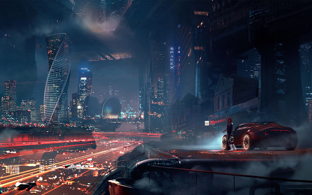 Futuristic city night car traffic free wallpaper - medium preview image