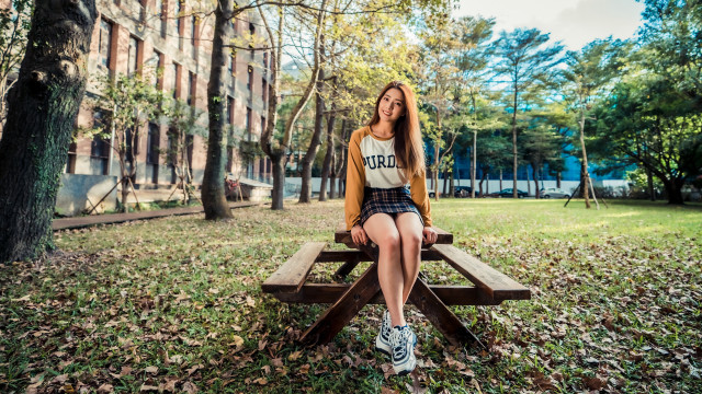 Girl park bench leaves trees free wallpaper - medium preview image
