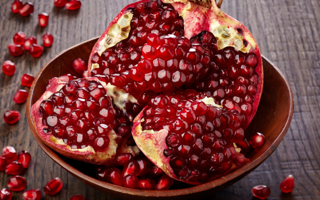 Pomegranates wooden table red fruit free wallpaper - medium preview image