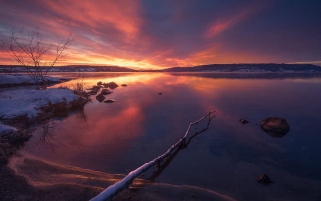 Sunset lake rocks trees mystical free wallpaper - medium preview image