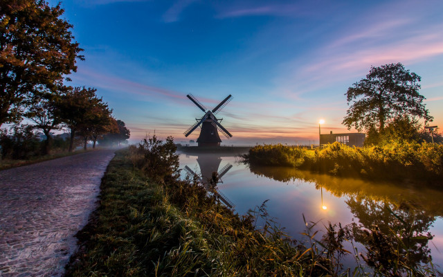 Windmill river bank sunset path free wallpaper - medium preview image