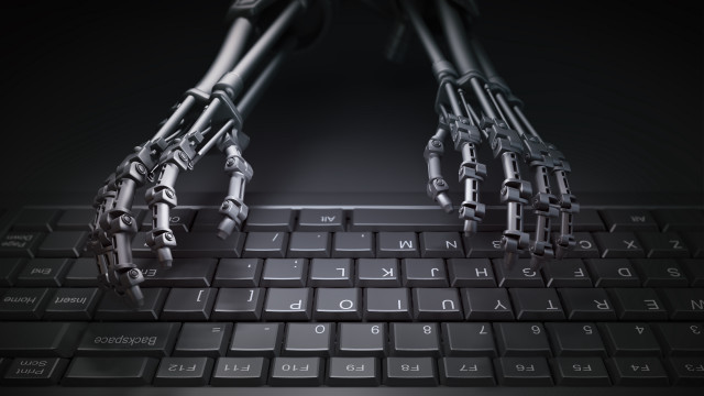 Robot hand keyboard cybernetics greyscale free wallpaper - medium preview image