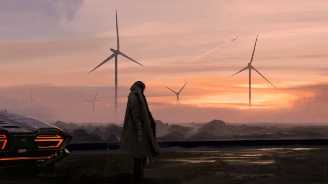 Sunset beach car windmills person free wallpaper - medium preview image