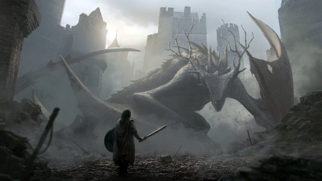 Man dragon castle fantasy sword free wallpaper - medium preview image