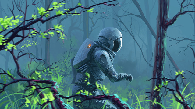 Space suit man forest branch free wallpaper for desktop - medium preview image