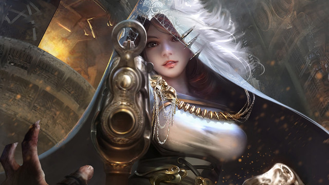 Woman gun clock fantasy portrait free wallpaper - medium preview image