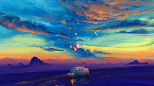 Desert van hotairballoons dusk magicrealism free wallpaper - medium preview image