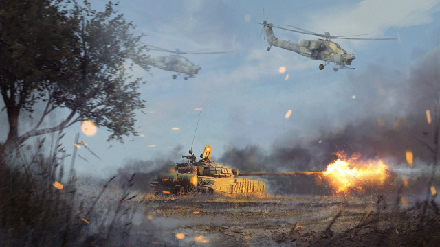 Military vehicles flying over forest free wallpaper - medium preview image