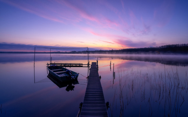 Dock boat fog mountain sunset free wallpaper - medium preview image
