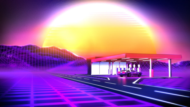Futuristic busstop mountains sun 3d free wallpaper - medium preview image