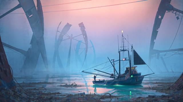 Boat forest dusk debris solarpunk free wallpaper - medium preview image