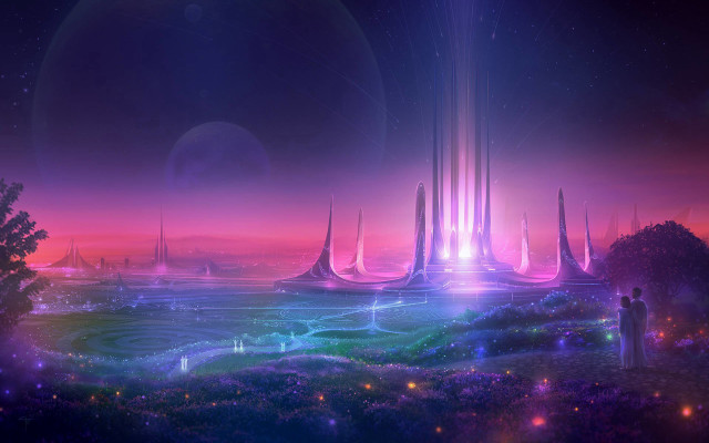 Futuristic city night rainbow stars free wallpaper - medium preview image