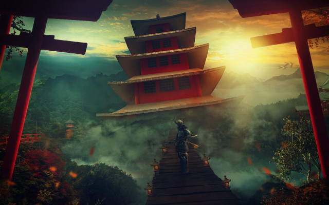 Man bridge pagoda forest sunset free wallpaper - medium preview image