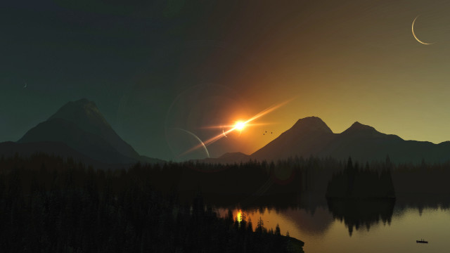 Sunset mountain lake trees crescent free wallpaper - medium preview image
