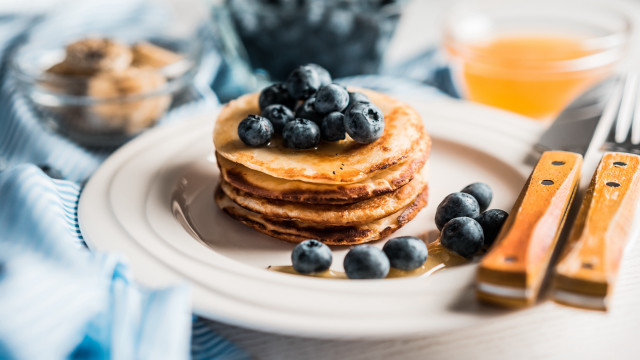 Pancakes blueberries syrup plate fork #3 free wallpaper - medium preview image