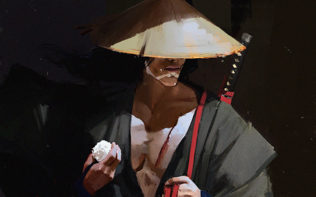 Man hat eating pastry umbrella free wallpaper - medium preview image