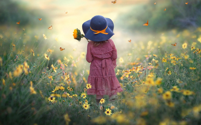 Little girl flower field butterfly free wallpaper - medium preview image