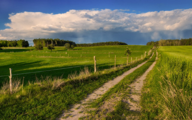Dirt road green field fence free wallpaper - medium preview image