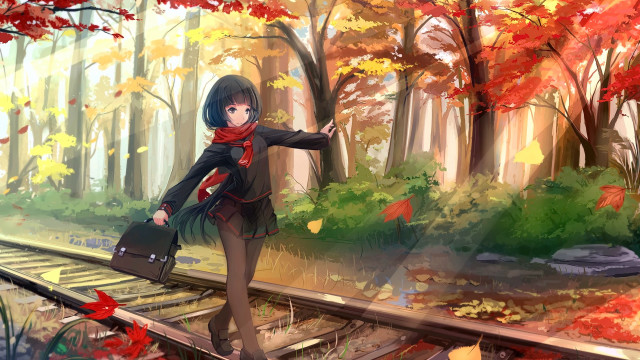 Woman traintrack forest autumn leaves free wallpaper - medium preview image