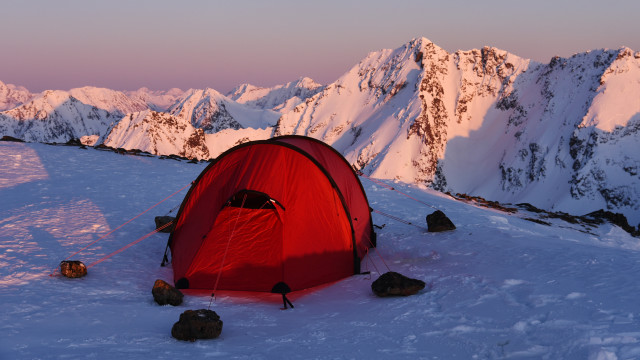Snowy mountain tent sunset reflection free wallpaper - medium preview image