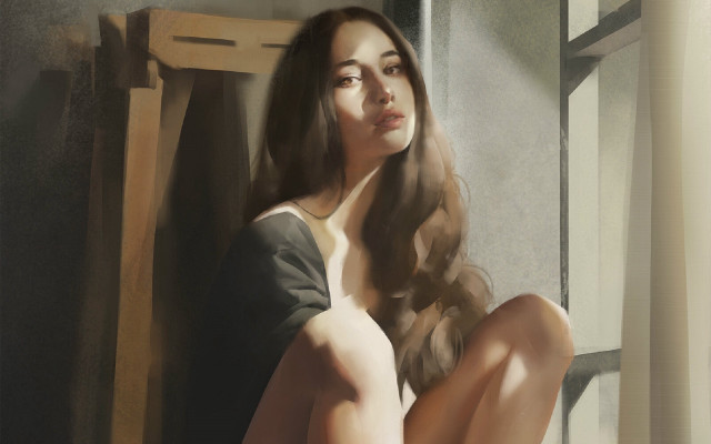 Woman sitting window figurative ultrafine free wallpaper - medium preview image