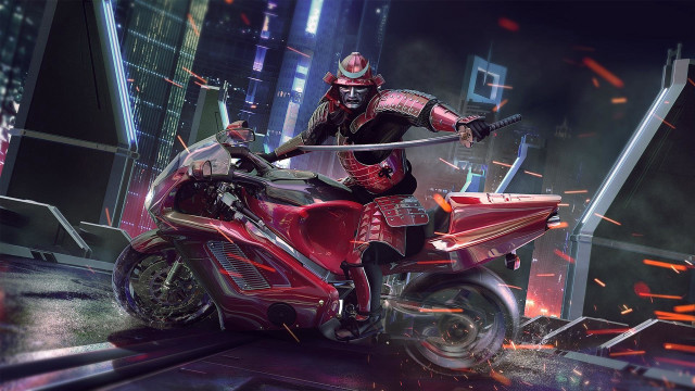 Man riding red motorcycle cyberpunk free wallpaper - medium preview image