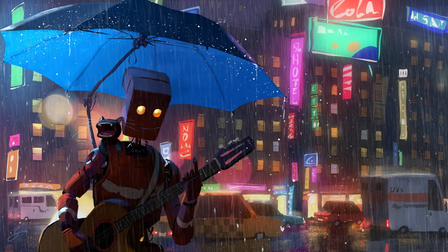Robot guitar rain umbrella cyberpunk free wallpaper - medium preview image