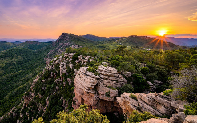 Sunset rocky mountain valley trees free wallpaper - medium preview image