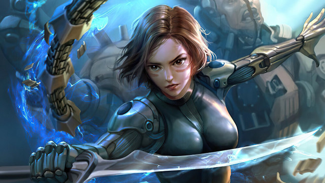 Woman sword blue background blue free wallpaper - medium preview image