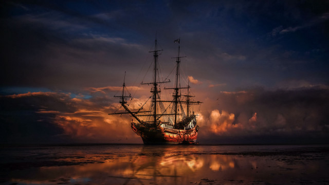 Large ship water reflection sunset free wallpaper - medium preview image