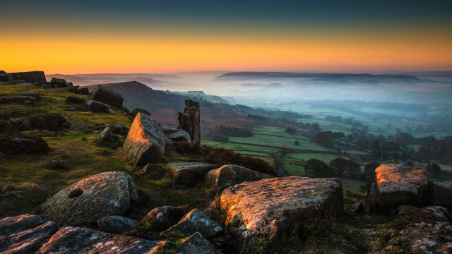 Valley rocks grass sunset fog free wallpaper - medium preview image