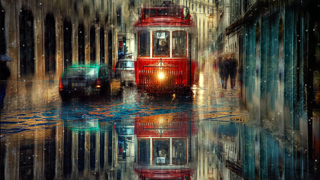 Red trolley street reflection cityscape free wallpaper - medium preview image